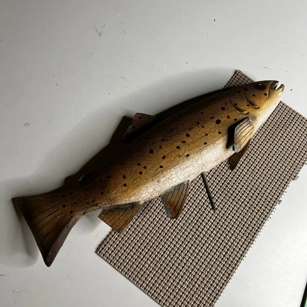 Vintage Hand Carved Wooden Brown Trout Fish Decoy Folk Art Rustic Cabin Decor